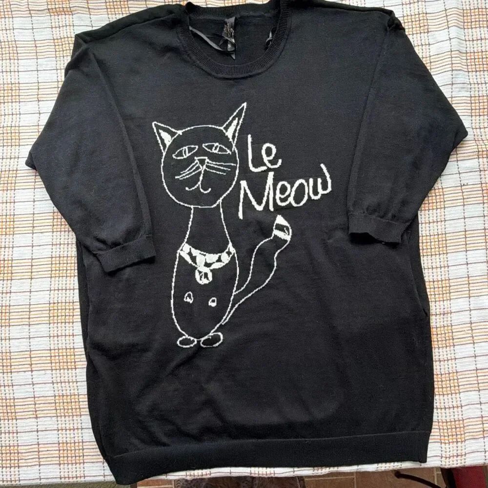 Seven 7 Melissa McCarthy Black Sweater Dress Le Meow Kitty Cat on the front 1x